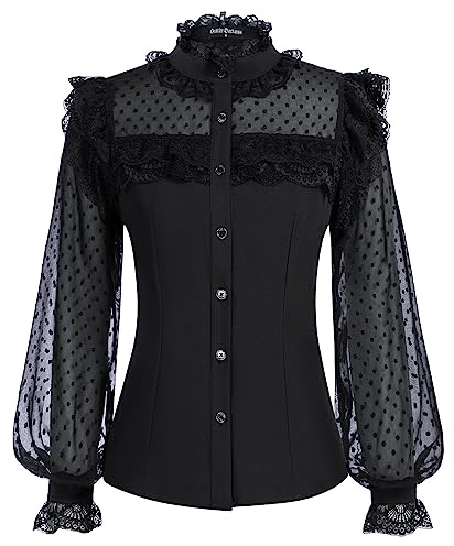 SCARLET DARKNESS Blusa victoriana de manga larga elegante de encaje para mujer, túnica de verano, Negro , XL