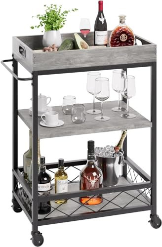 HAUSPROFI Servierwagen 3 Ebenen, Küchenwagen, Servierwagen mit Rollen, Barwagen mit Weinregal, Rollwagen Küche, Küchenregal, Stahlrahmen, Industrie-Design, Grau