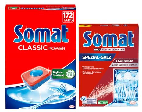 SOMAT Classic Power Spülmaschinen Tabs (172 AW), Geschirrspül Tabs mit Fettlösekraft für kraftvolle Reinigung & strahlend sauberes Geschirr sogar bei niedrigen Temperaturen + 5in1 Spezial-Salz 1,2 kg