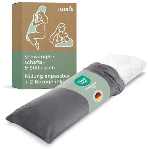Laleni Schwangerschaftskissen 40x145 cm + 2 Bezüge | Oeko-TEX zertifiziertes Stillkissen Seitenschläferkissen | entlastendes Pregnancy Pillow | Kissen Seitenschläfer | Lagerungskissen + 2 Bezüge Grau