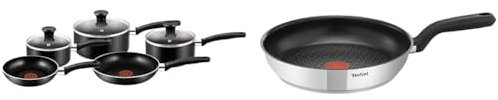 Tefal Essential, Aluminium Pots and Pans Set, 16 cm, 18 cm and 20 cm Saucepans with Lids & Comfort Max, Induction Frying Pan, Stainless Steel, Non Stick, 30 cm