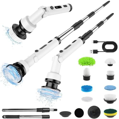 Brosse de Nettoyage Electrique, Brosse Nettoyage Electrique 9 Têtes de Brosse, Brosse Rotative Electrique Nettoyage, Poignée Réglable, 3 Vitesses Réglables, pour Cuisine, Voiture, Sol, Mur