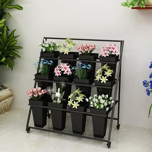 Présentoir de fleurs en métal avec 12 seaux en plastique – Étagère mobile à 3 étages pour bouquet de fleuriste pour salon et événements en plein air