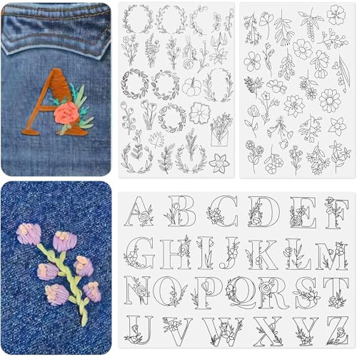 76 patrones de bordado solubles en agua: 3 hojas A4 de papel de bordado con diseños lavables y flores preimpresas, patrones para transferir letras para coser a mano