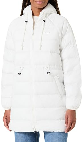 Calvin Klein Abrigo de plumas Mujer Lightweight Logo Mid Length con capucha, Blanco (Snow White), XL