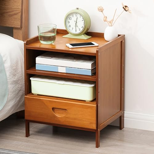 Mesita de noche de bambú con cajones y armario de almacenamiento, moderna mesita de noche para espacios pequeños, dormitorio y sala de estar, mesita de noche pequeña de pie para sofá (nogal, 36 x 31 x