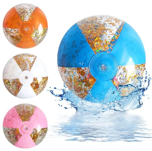 Dhqkqg 4 Pcs Glitter Beach Balls, 11 Inch Inflatable Beach Ball, Confetti Beach Balls, Transparent Ball Confetti Sequin Swimming Pool Balls, for Summer Outdoor Activity, Water Games, Beach Party