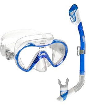 Mares Junior Combo Vento Jr Dry Snorkeling, maschera in silicone a lente singola e boccaglio flessibile Dry-Top, per bambini dagli 8 ai 14 anni, colore: blu/bianco/trasparente