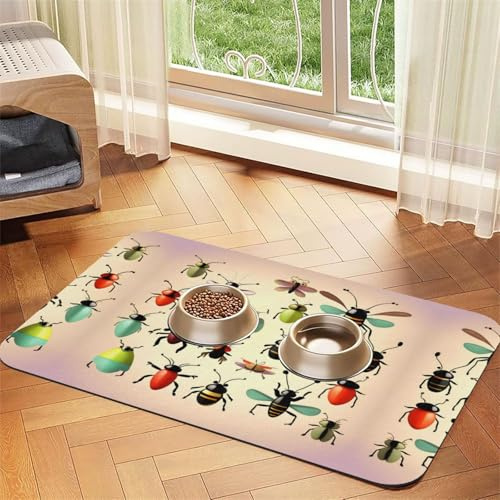 Tappetino assorbente per animali domestici con stampa di piccoli insetti, 40 x 60 cm, ad asciugatura rapida, tappetino in pelle, per cibo per cani e gatti