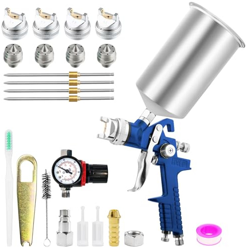 HVLP Gravity Feed Air Spray Gun with 1000cc Aluminum Cup 1.4/1.7/2.0/2.5 mm Nozzles & Air Regulator Paint Gun for Cars, Furniture, House Painting (B- Aluminum Cup)