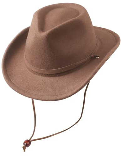 DRESHOW Cowboyhut Kinder Jungen Mädchen Fedora Hut Western mit Schnalle Gürtel Retro Panama Hüte mit Wind Lanyard Unisex Aufgerollte Mützen 4-12 Jahre
