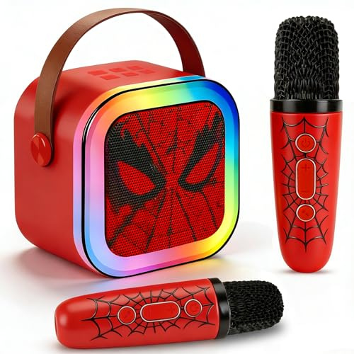 Karaoké Enfant avec Enceinte Bluetooth Et Deux Micros sans Fil, Effets Lumineux LED, Modulation De Voix Ludique, Compatible TF/USB, Format Léger Et Portable pour Fêtes D’Anniversaire (Rouge)
