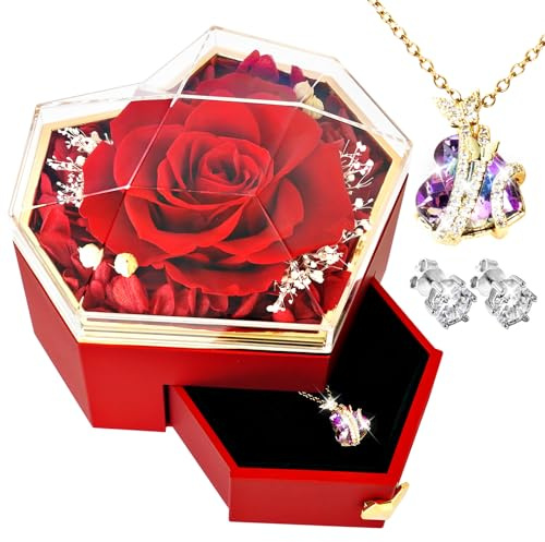 Rose Eternelle Rouge avec Bijoux, Coffret Cadeau Femme Rose Éternelle Collier Coeur Boucles D'oreilles, Boîte de Roses Infinity en Fleurs Noel Saint Valentin Femme Anniversaire Fete des Mere Cadeau