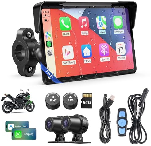 Pantalla Motorcycle CarPlay con Android Auto 7” GPS Impermeable, Pantalla para Moto, Apple CarPlay Sistema de Navegación para Motocicleta Cámara de Salpicadero Dual 4K Audio Bluetooth BSD TPMS