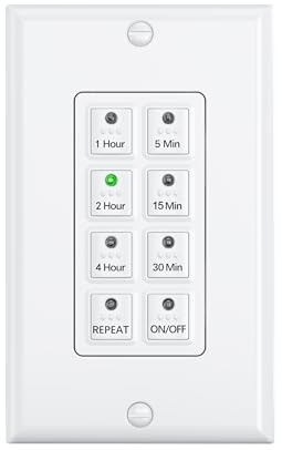 BN-LINK Countdown Digital Wall Timer Switch for Exhaust Fan with Push Button 5-15-30-60mins, 2-4hours, Bathroom Fan Light Switch Timer Indoor, Neutral Required, Wall Plate Included, White, ETL Listed