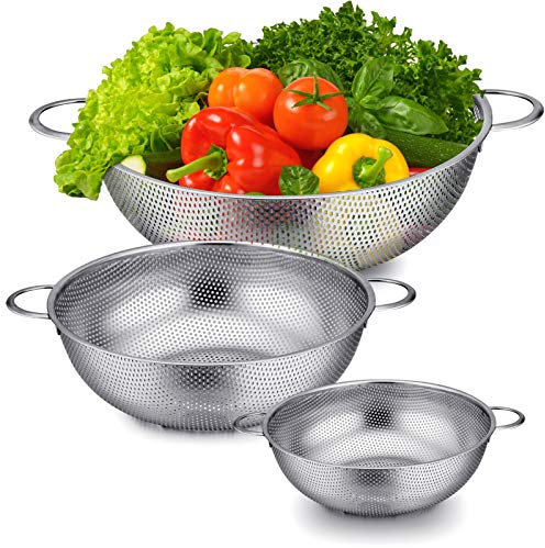 Colander Stainless Steel, Homikit Kitchen Colander Strainer Set with Handle, Perforated Metal Colanders for Pasta/Vegetable/Spaghetti/Fruit, Healthy & Dishwasher Safe, Set of 3 – 1/3/5 Quart