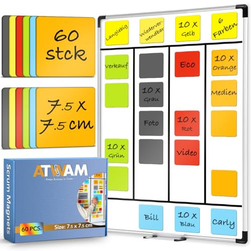 ATWAM 60 Magnetstreifen Beschreibbar - 75 x 75 mm - 6 Farben - Scrum & Kanban - Beschreibbare Magnete - Für Whiteboard, Magnettafel, Magnetwand & Kühlschrank