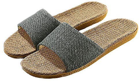 HANDKEI Pantoufles en lin unisexes à la mode pantoufles d'intérieur antidérapantes à bout ouvert chaussures de plage en plein air sandales (Bleu-gris, numeric_44)