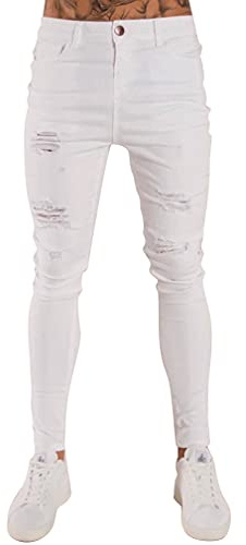 Jungerhouse Jeans Hommes Carotte Déchiré Pantalon en Denim Stretch Slim Blanc (L,Blanc)