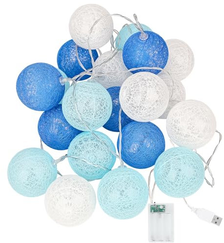 KWODE Lichterkette Innen, Blau Cotton Ball Lichterkette, 3.5M LED Kugeln Light für Mädchen, Kinder, Baby, Teenager, Hausbett, Zimmer Deko, USB Oder Batterie Betrieben, Ø 6CM Blue Lichterkette