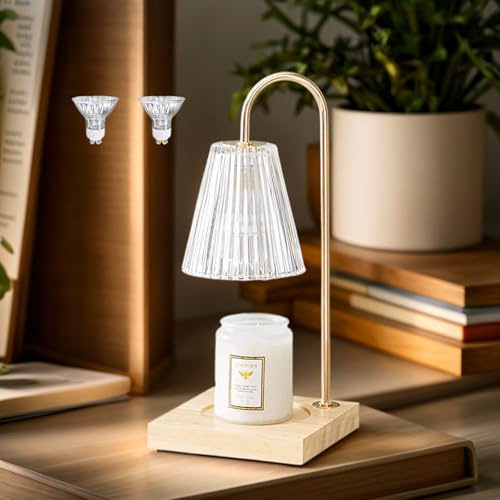 OKYUK Calentador de velas para tarro aromático y lámpara votiva con 3 ajustes de temporizador, regulable, bombilla halógena para cera derretida, base de madera (Transparente, enchufe británico)