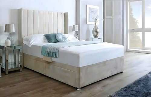 Cream Plush Milan Divan Bed – Elegant King Size Bed with Mattress 10” Spring Memory Foam | King Size Bed Frame with 48” Wingback Headboard & 2 Storage Drawers | Furniture Set