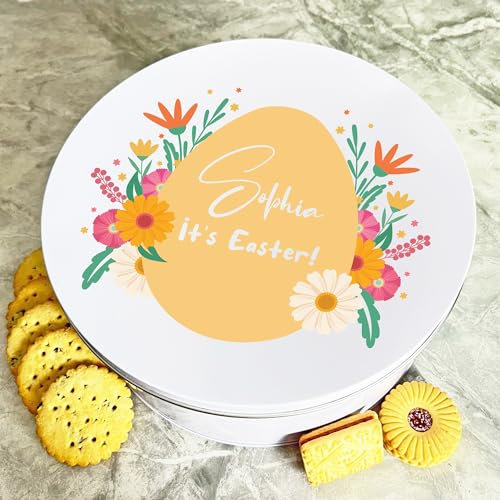 Orange Floral Easter Egg Round Personalised Gift Cake Biscuits Sweets Treat Tin Personalised Gift | Custom Gift | Personalized Tin | Cake, Biscuit & Treat Tins | Gift For Her | Gift For Him