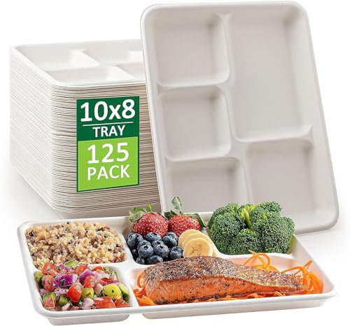 MSYU Lot de 125 assiettes en carton 100% compostables à 5 compartiments - Plateau à déjeuner jetable de qualité supérieure - Respectueux de l'environnement - Fabriqué en fibres de canne à sucre
