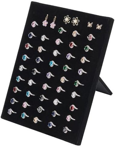 FINGERINSPIRE Espositore per Anelli in Velluto Nero - Altezza 22,5 cm, 50 Scomparti, Organizer Con Staffa Rettangolare - Espositore per Gioielli