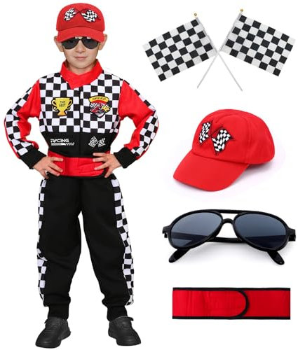 Tacobear Rennfahrer Kostüm Kinder Jungen Mädchen Rennanzug Overall Jumpsuit mit Sonnenbrille Autokappe Racer Racing Dress up Karneval Halloween Rollenspiele Kostüm für Kinder 3-12 Jahren