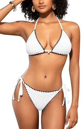 SHEKINI Women Triangle Bikini Sets 2 Pieces Halter Neck Swimming Costume Low Waisted Sexy Tanga Swimsuits,White-M