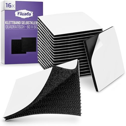 Filzada® 16 Ruban Scratch Adhésif Noir EXTRA FORT – Découpe de 60x60 mm - Rouleau Scratch Autocollant Double Face pour intérieur et extérieur – Bandes Adhésives