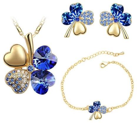 Auriselle Señoras Joyería Set Trébol de Cuatro Hojas de la Suerte Pendientes Collar Pulsera 3 Piezas Mujeres Joyería con Zirconia Cúbico Regalos de Boda para Damas, Azul