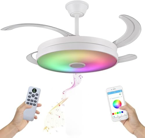 LUMIKING Ventilador de Techo RGB con Bluetooth - 108 cm de Ancho con Aspas Retráctiles, Música y Luz LED - Silencioso con Lámpara y Moderno Multifunción con Mando a Distancia y APP