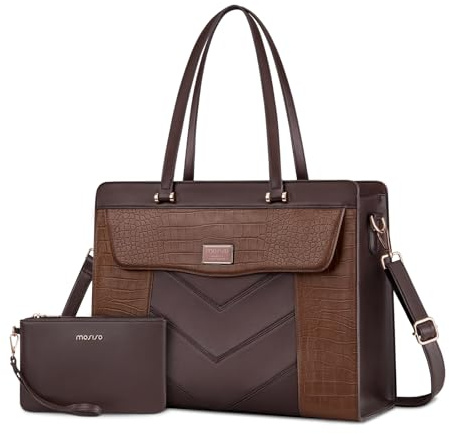 MOSISO Laptop Tote Bag for Women, 15.6 inch PU Leather Large Capacity Handbag & Clutch Purse & Flapover Pocket, Crocodile Grain Waterproof Computer Bag Work Briefcase for Business Office, Brown