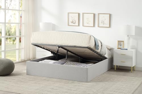 Home Treats Ottoman Bed Frame | Double Platform Bed | Grey Linen Storage Bed (No Mattress, Double)