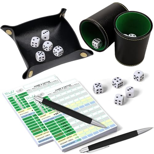Jonuin Set di Bicchieri per Dadi in Pelle con 2 Bicchieri, 12 Dadi, 2 Libri di Gioc, 2 Penne e 1 Scatola in Pelle PU, Carte Vincenti per Giochi di Dadi per Casa e Feste