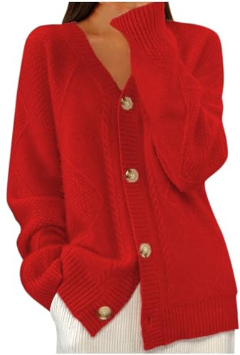 AnnSemo Women's Cotton Cardigans Soft Cosy Button Down V Neck Cardigans for Women UK Long Sleeve Casual Knitted Sweater Ladies Long Sleeve Jumper Plain Outerwear Red