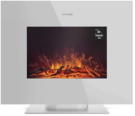 Cecotec Chimenea Eléctrica Decorativa 26” con Mando a Distancia ReadyWarm 2710 Design Flames White. Máxima Potencia 2000W, 2 Intensidades, Panel Plano Cristal Templado, Llama Ajustable, Temporizador
