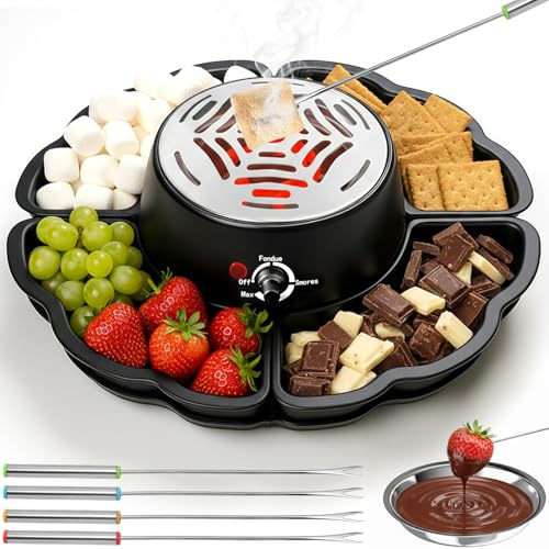 2-in-1 S'Mores Maker & Chocolate Fondue Set - Tabletop Indoor Smores Kit, Flameless Roaster with 4 Detachable Trays & 4 Roasting Forks, for Parties and Gifts
