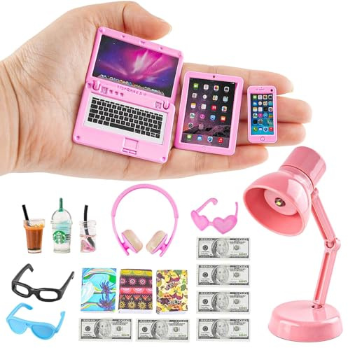 20Pcs Dollhouse Miniature Laptop Computer Tablet Phone Lamp Book Glasses