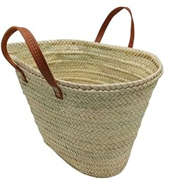Capazo de Palma Natural con Asas de Cuero, 50x30x20cm, Beige y Marrón, Hecho a Mano en Marruecos