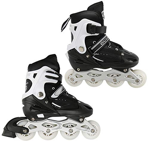 Roller Bambino Pattini a rotelle, Taglie regolabili per bambini da 3 a 9 anni, Luci divertenti per principianti, per interni ed esterni (nero, M (32-37))