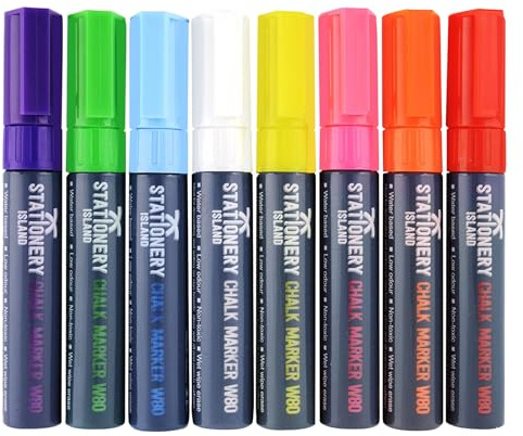 Stationery Island Marqueurs Craie W80 Pointe Large 8mm – Feutres Craie Couleurs Effaçage avec Chiffon Humide Pack de 8