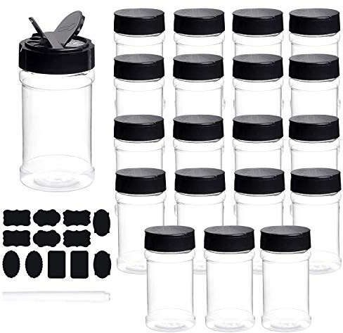 Spice Bottles, Dabacc 20Pcs 7oz Clear Plastic Container Jars with Lids Labels for Kitchen Storing Spice Powders Dry Goods Peanut Butter BPA free