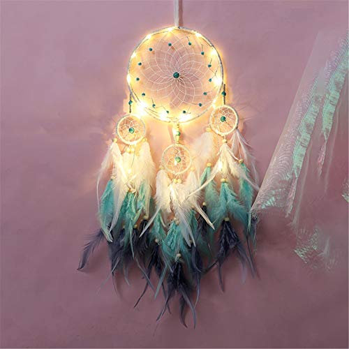 RAILONCH Vintage Blau Traum Dreamcatcher, Feder Traumfänger mit LED Licht, Handgemachte Dream Catcher für Kinder Zimmerdekoration und Kreatives Wandbehang Geschenk (Mit LED-Lichterkette)