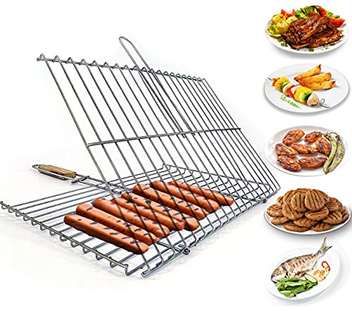 Hakan Grill Basket 11.8 x 15.8-inch for Outdoor Grill, Barbecue Basket for Fish, Steak, Chicken, Vegetables, Shish Kabob and Shrimp, Large Lockable Basket with Wooden Handle, Stainless Steel, BBQ