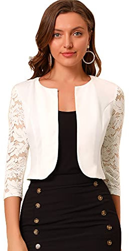 Allegra K Damen Festlich Spitze Bolero 3/4 Ärmel Rundhals Durchsichtig Shrug Elegant Jäckchen Weiß L