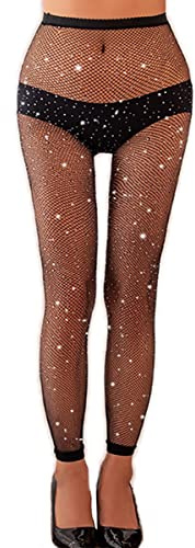 Abberrki Womens Sexy Sparkle Rhinestone Footless Fishnet Leggings High Waist Footless Tights (Black # 1)