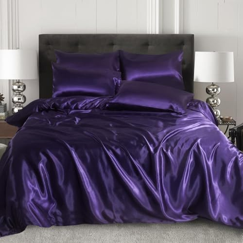 XXR SATIN SILK COMPLETE BEDDING SET DUVET COVER FITTED SHEET 4 PILLOW CASES 6 Pcs (Aubergine, Double)
